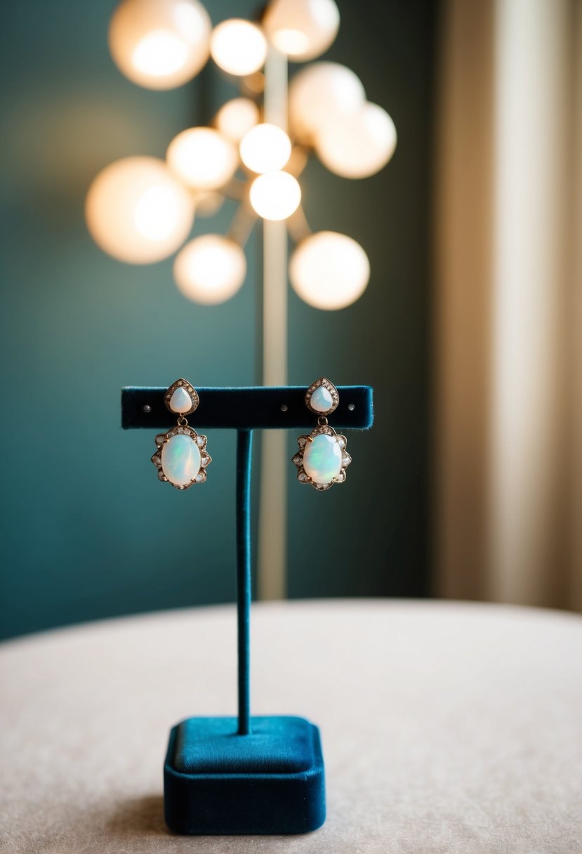 A vintage-inspired opal earring displayed on a velvet jewelry stand with soft lighting