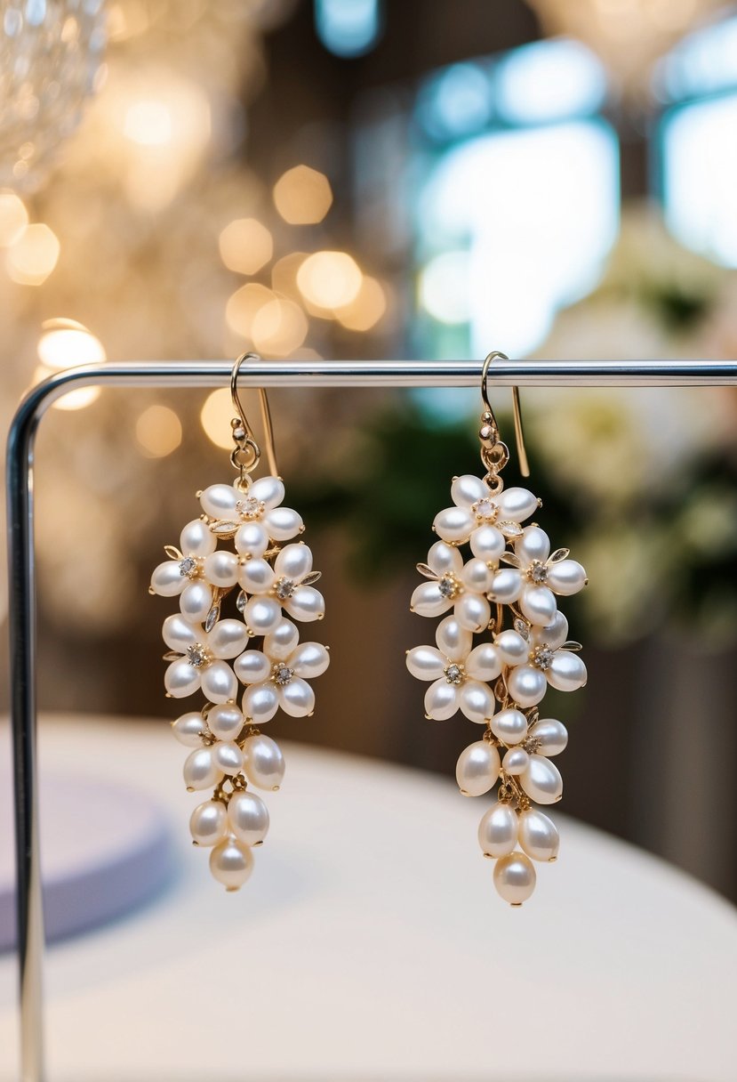 A pair of delicate floral pearl cluster earrings dangle from a display, catching the light and exuding an elegant and romantic wedding vibe