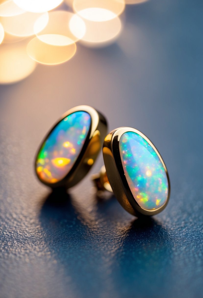 A close-up of a pair of opal earrings, catching the light and sparkling with iridescent colors