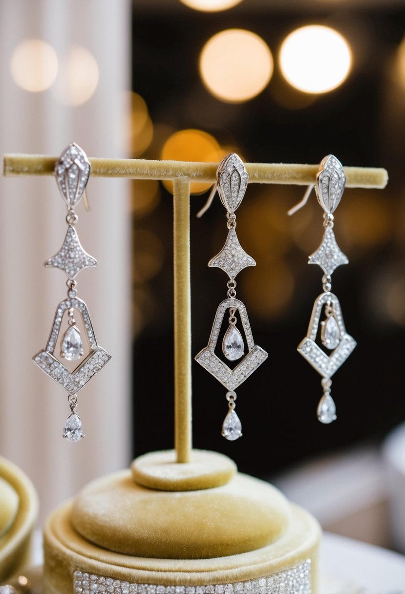 Elegant Art Deco Dangles hang from a velvet jewelry stand, catching the light in a luxurious bridal display