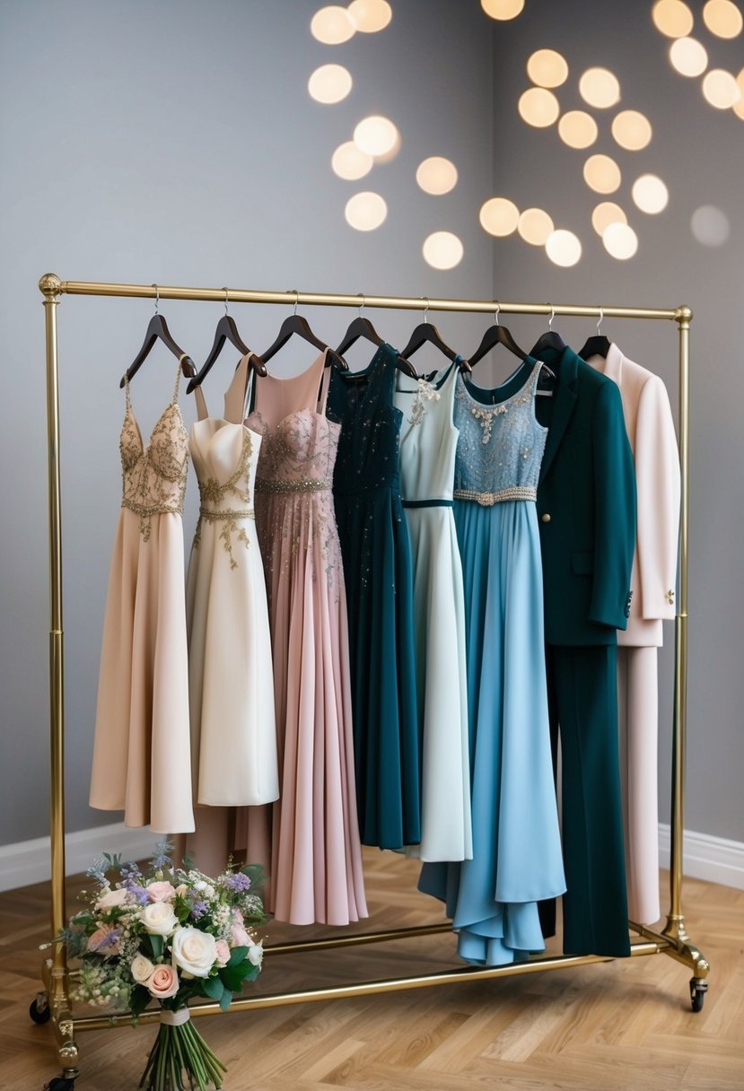 A collection of elegant dresses, suits, and accessories displayed on a clothing rack, with a bouquet of flowers nearby