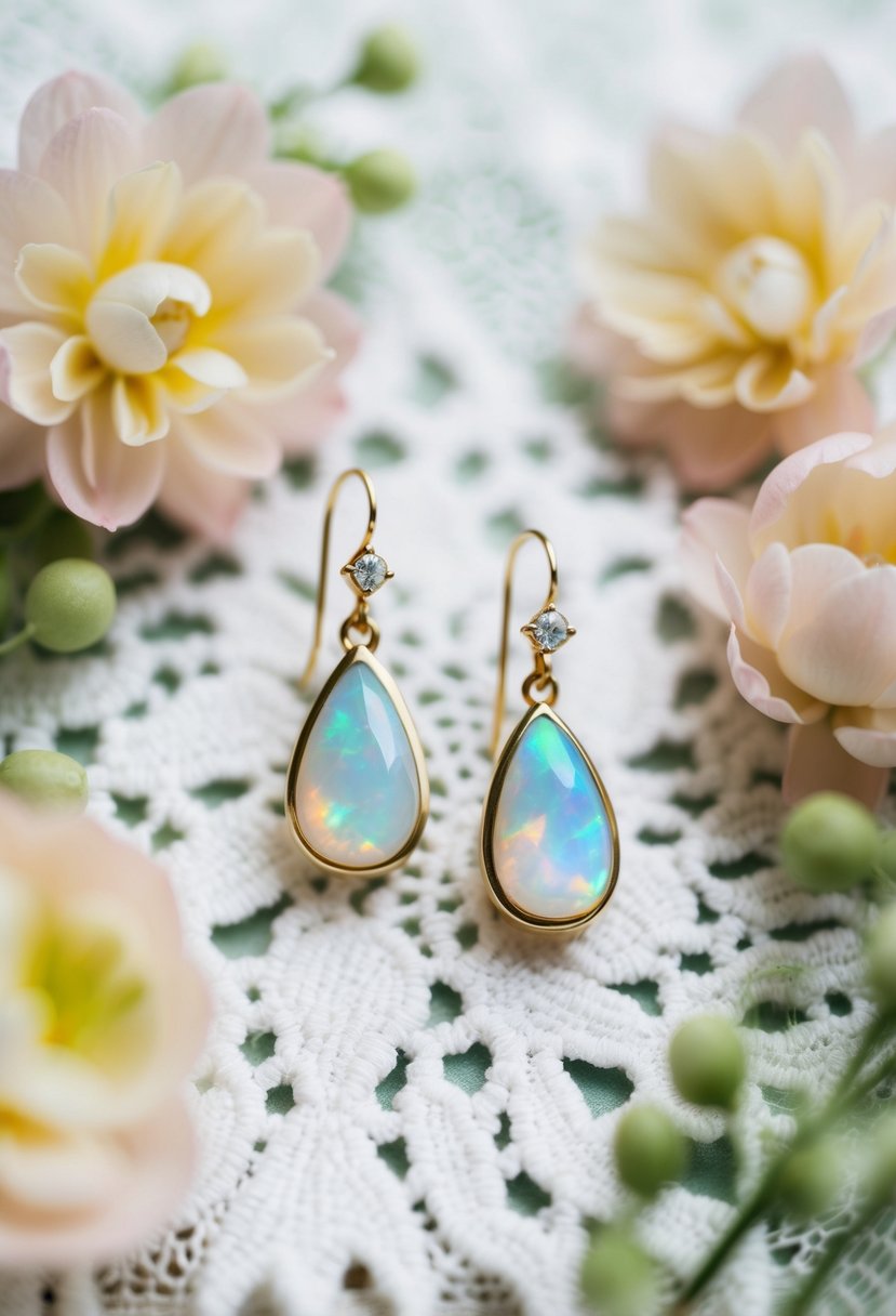 Two delicate teardrop-shaped opal earrings on a white lace background, surrounded by soft, pastel-colored flowers and greenery