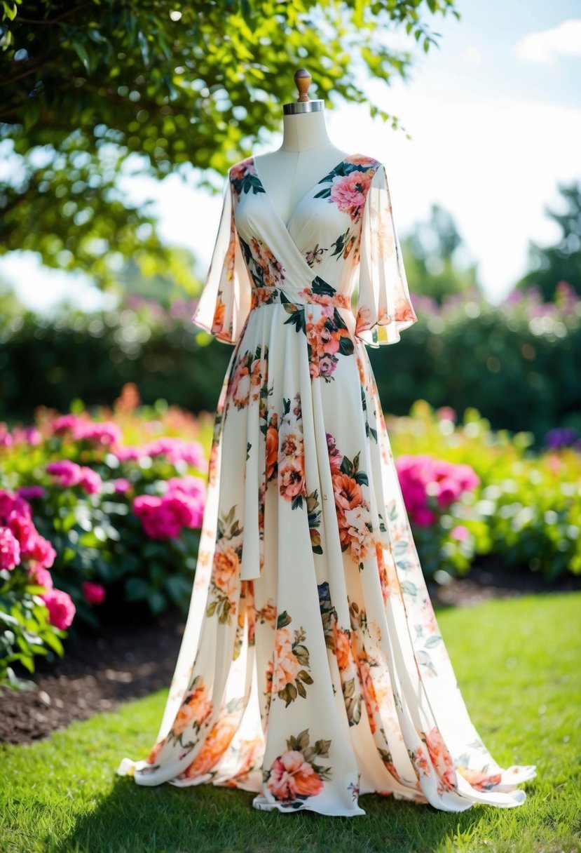 A flowy chiffon dress with a floral print billows in the gentle breeze, surrounded by vibrant blooms in a lush garden setting