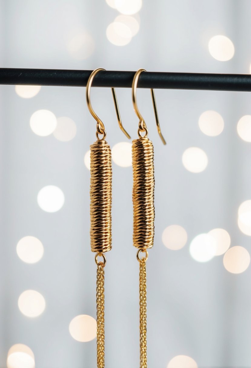 Two elegant gold threader earrings hanging against a white backdrop