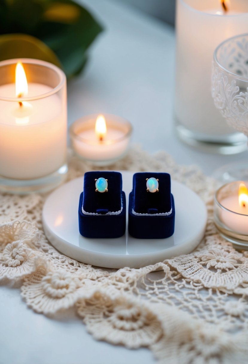 Two opal studs on a velvet jewelry box, surrounded by soft candlelight and delicate lace