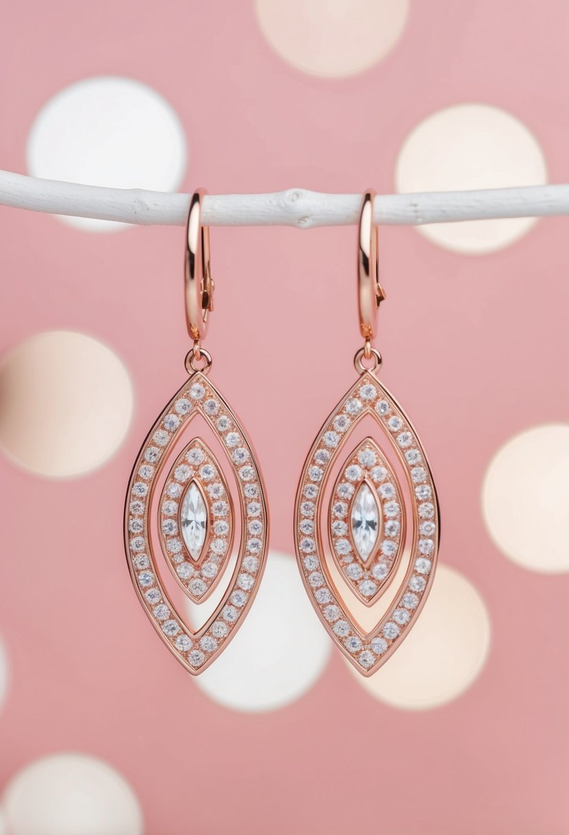 Two rose gold statement earrings hanging against a soft pink background, creating an elegant and luxurious wedding accessory