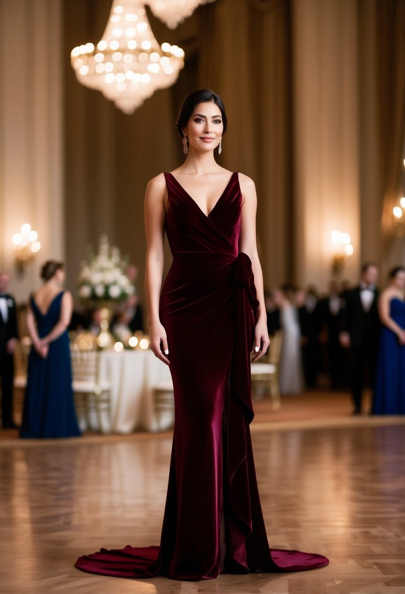 A woman in a burgundy velvet wrap gown stands in a grand ballroom, surrounded by elegant decor and soft lighting