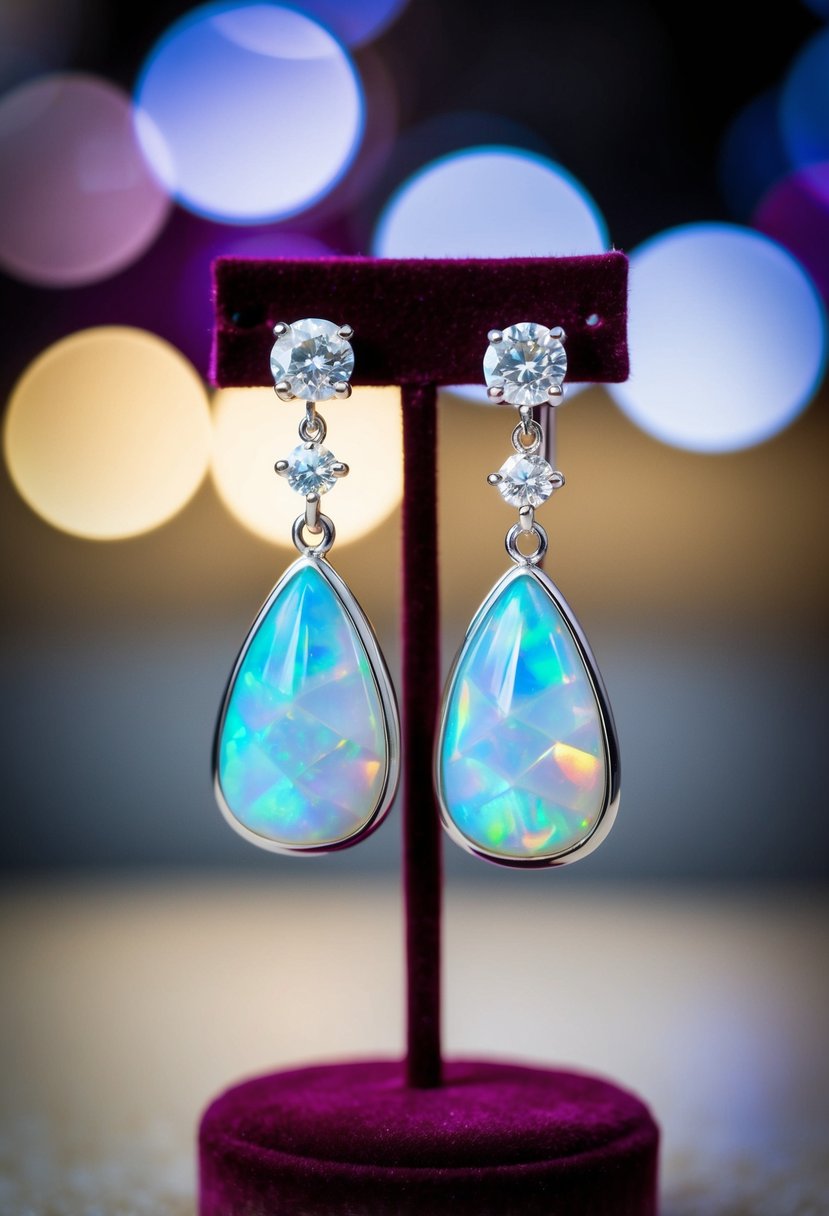 A pair of opal and diamond drop earrings displayed on a velvet jewelry stand, catching the light and shimmering with iridescent colors