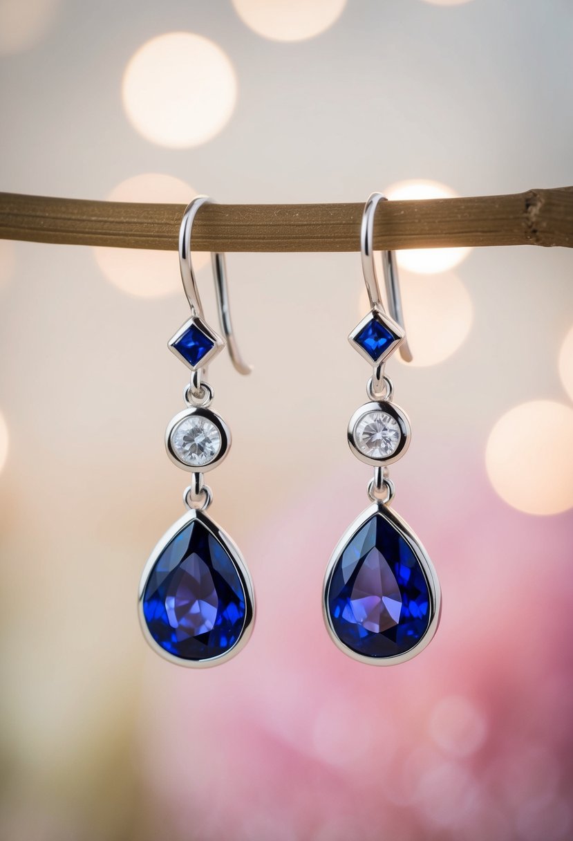 Elegant white gold and sapphire drop earrings hanging against a soft, romantic backdrop