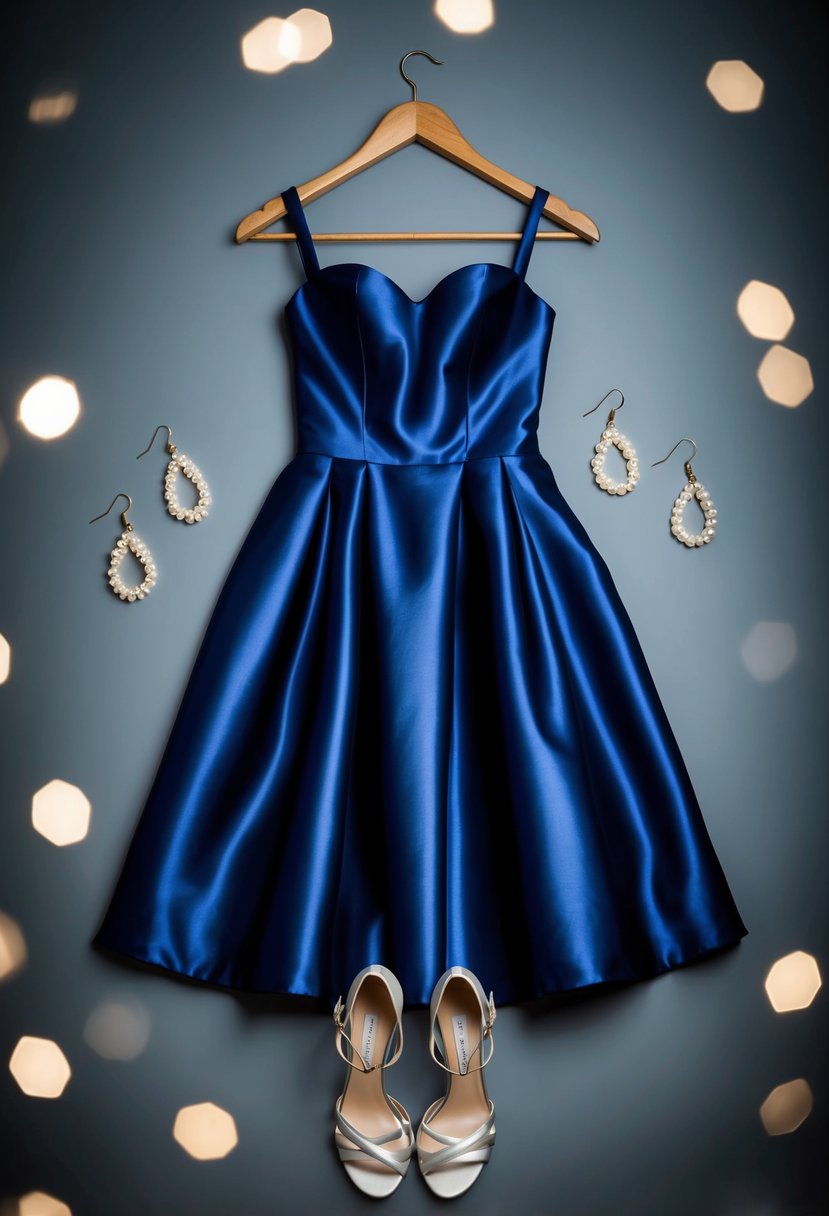 A navy satin cocktail dress hangs on a vintage wooden hanger, surrounded by delicate pearl earrings and a pair of strappy heels