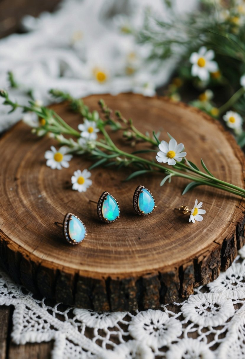 A rustic wooden table adorned with boho-style opal earrings, surrounded by delicate lace and wildflowers