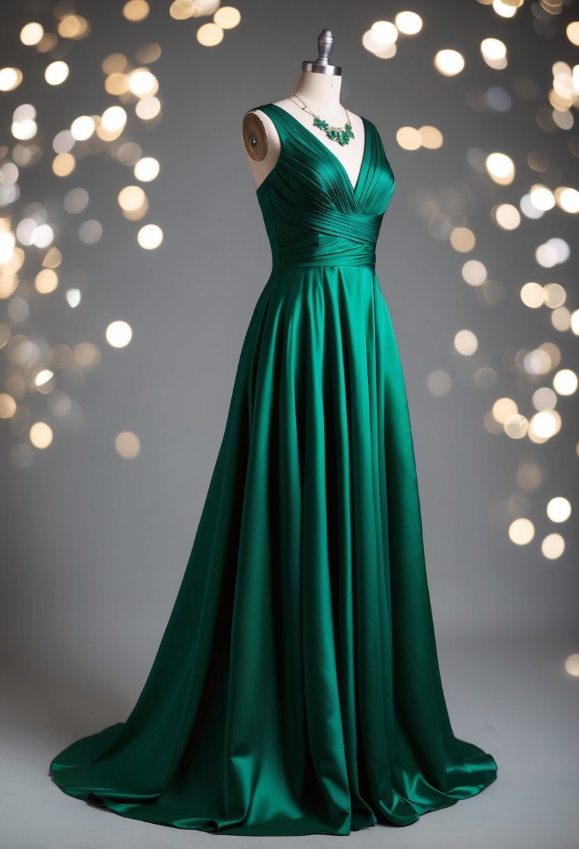 A flowing hunter green taffeta dress with a fitted bodice and flared skirt, paired with matching accessories and delicate jewelry