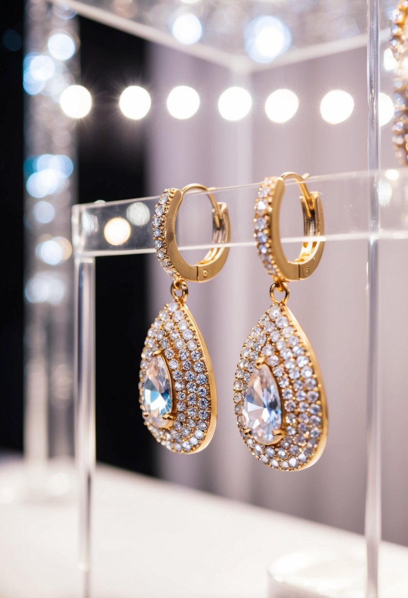 Sparkling rhinestone earrings dangle from a delicate display, catching the light and casting shimmering reflections