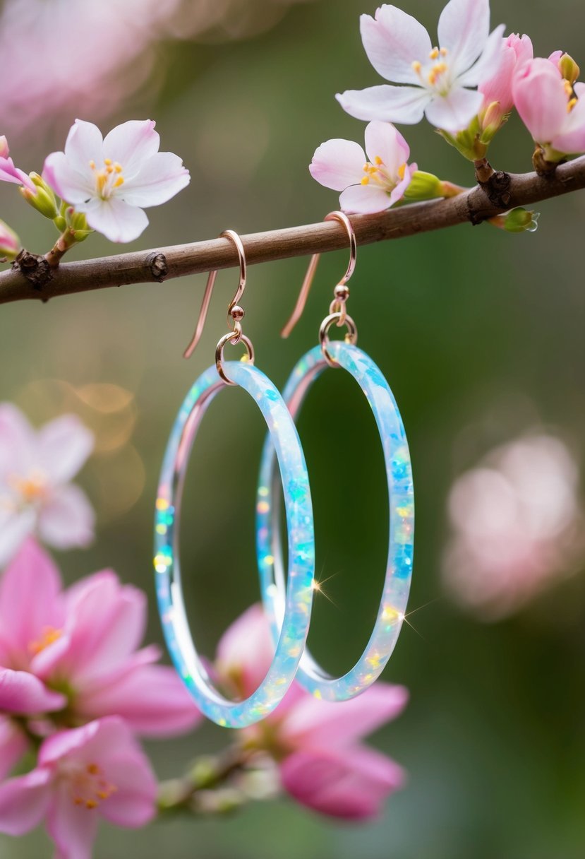 Opal hoops suspended from a delicate tree branch, surrounded by soft, pastel-colored flowers and sparkling with iridescent light