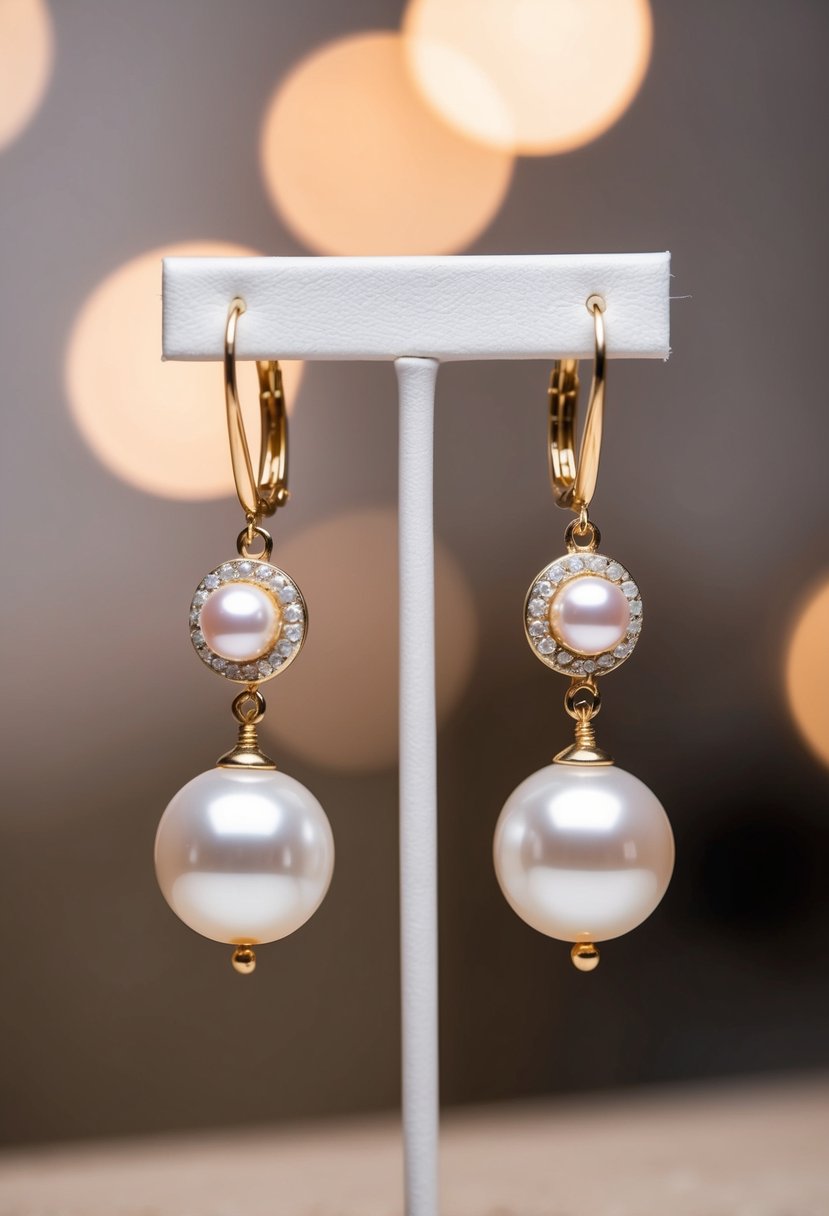 A pair of elegant pearl dangle earrings hanging from a jewelry stand, with a soft light illuminating their lustrous surface