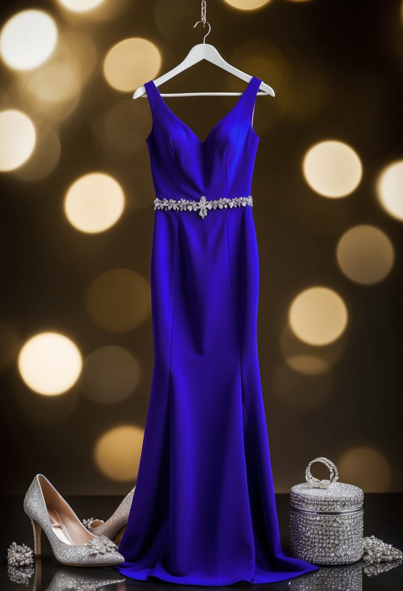 A vibrant jewel tone sheath dress hangs on a hanger, surrounded by sparkling accessories and delicate shoes