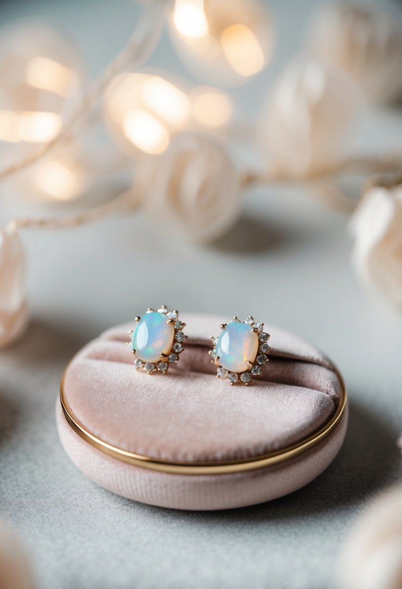 A delicate pair of opal earrings displayed on a pastel-toned velvet cushion, surrounded by soft, ethereal lighting