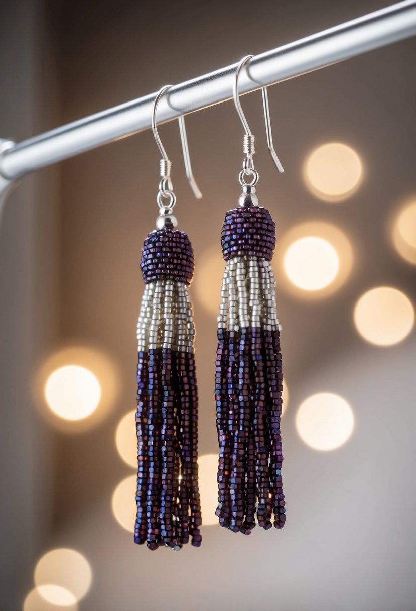 A pair of beaded tassel earrings hanging from a jewelry stand, with soft lighting highlighting their intricate details