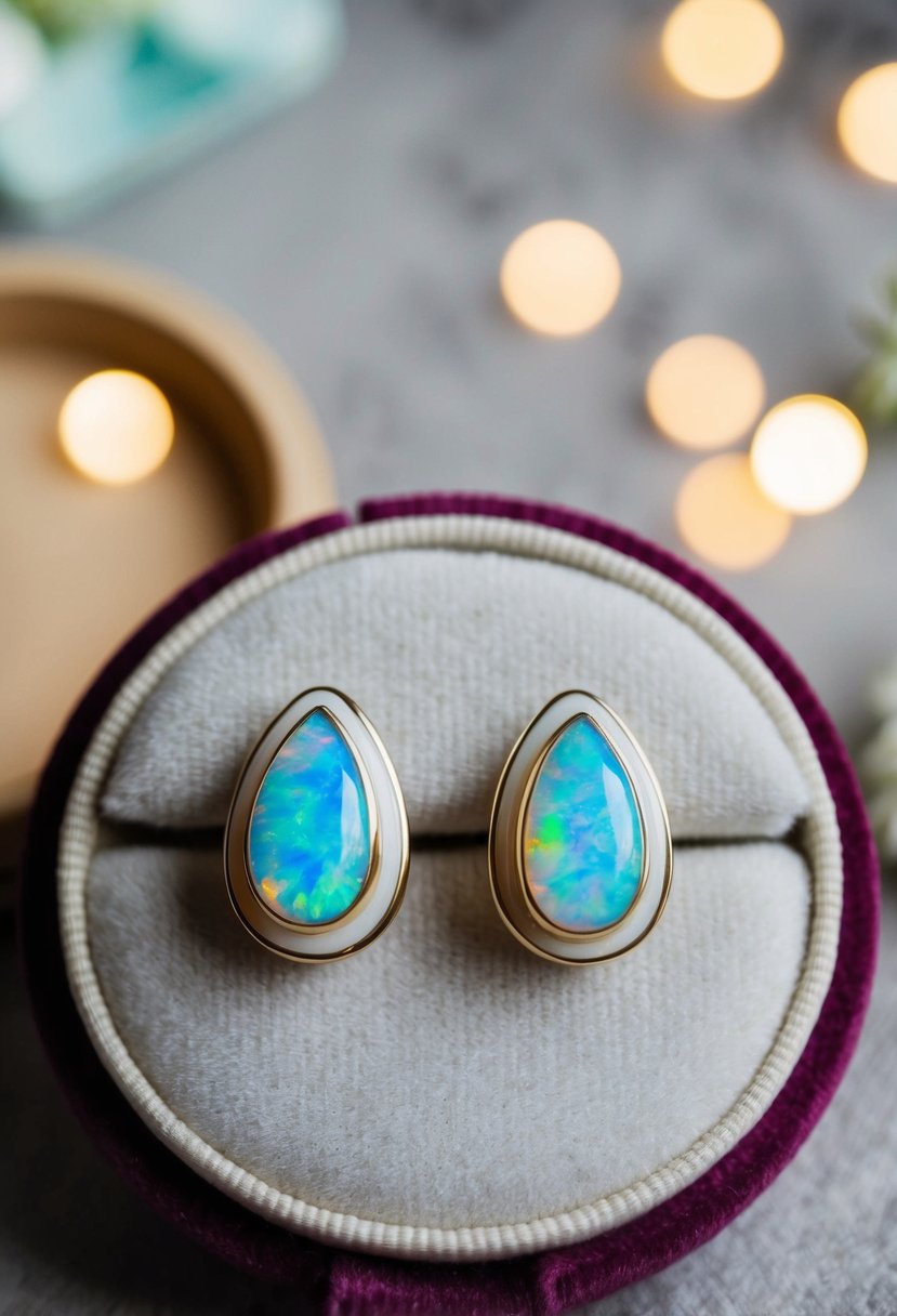 A pair of opal earrings with ivory resin, delicately displayed on a velvet cushion