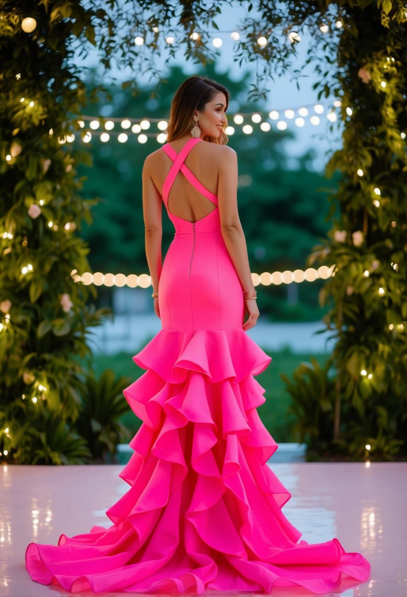 A neon pink maxi dress with cascading ruffles, set against a romantic backdrop of twinkling lights and lush greenery