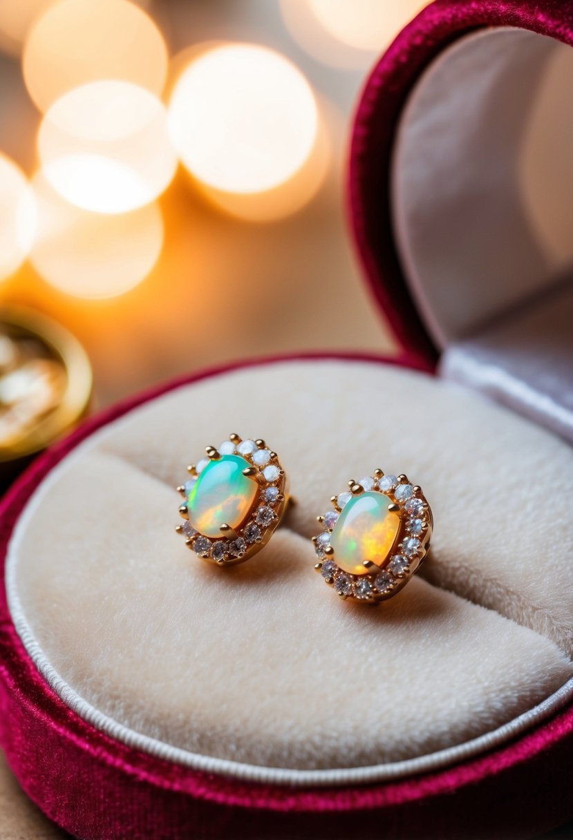 Two warm-toned opal earrings displayed on a velvet cushion with soft, warm lighting