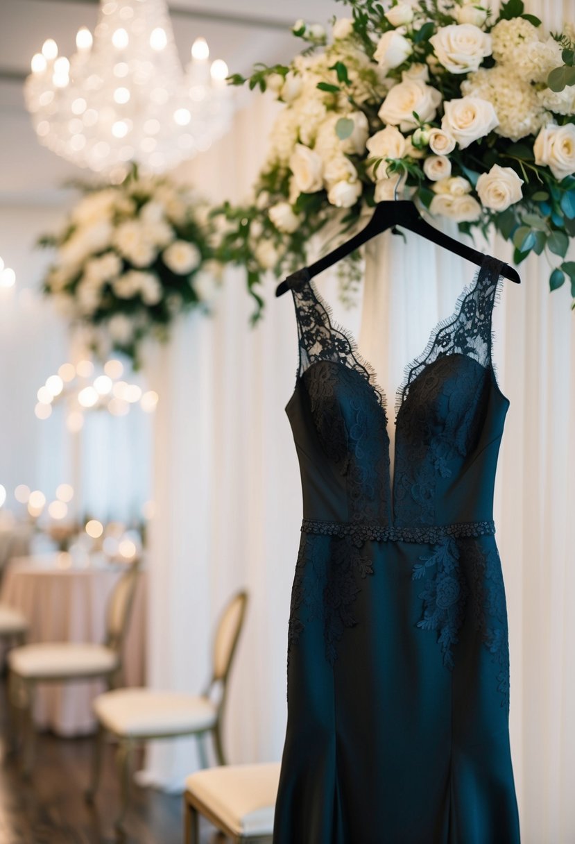 A sleek black dress with delicate lace details, set against a backdrop of elegant wedding decor