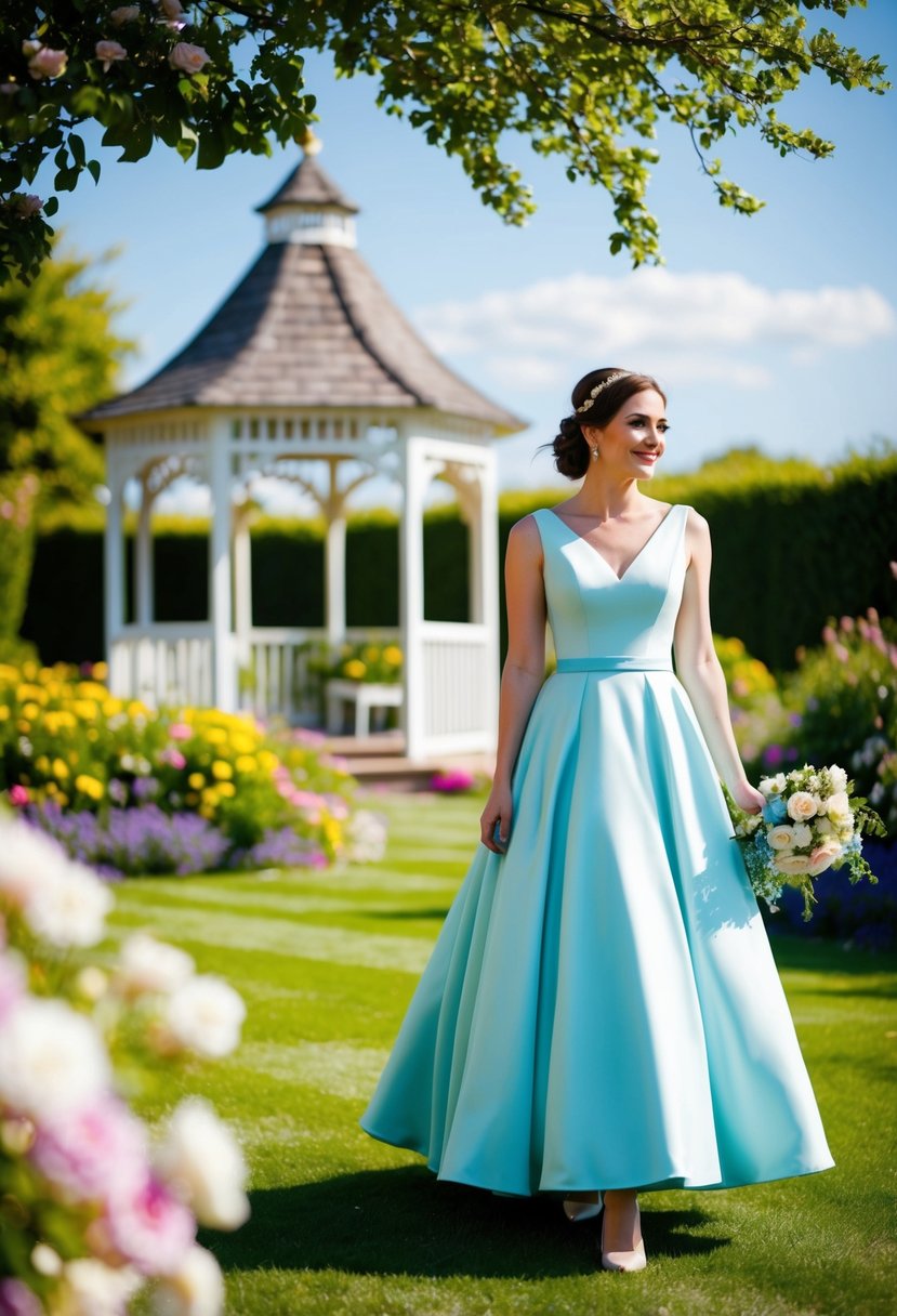 A sunny garden wedding with a pastel blue A-line dress, surrounded by blooming flowers and a picturesque gazebo