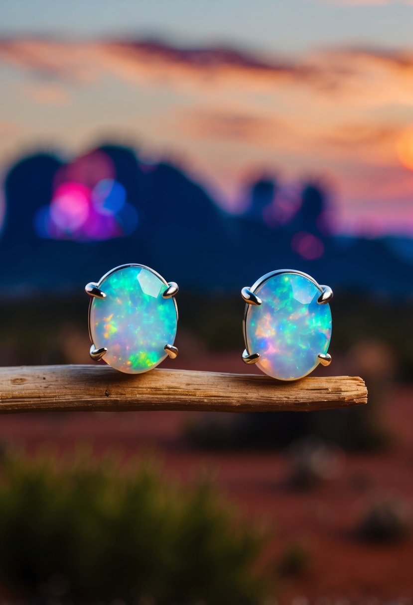 Two opal stud earrings displayed against a backdrop of Australian outback scenery, with vibrant colors and shimmering iridescence