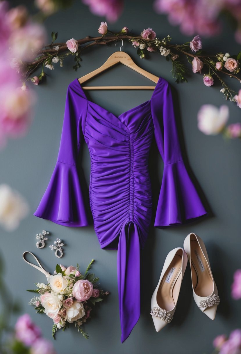 A vibrant ruched bell sleeve dress hangs on a hanger, surrounded by delicate floral accessories and elegant heels