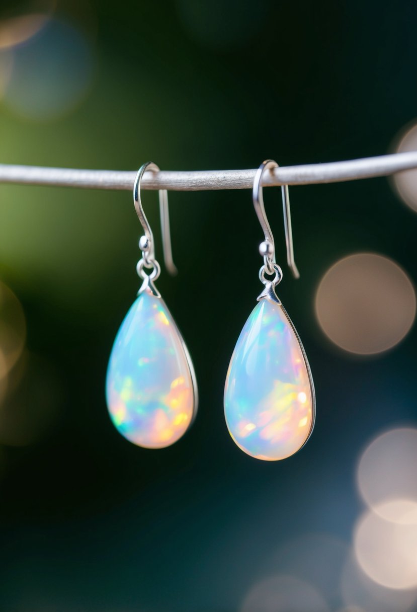 A pair of opal teardrop earrings suspended from delicate hooks, catching the light and casting a soft, iridescent glow