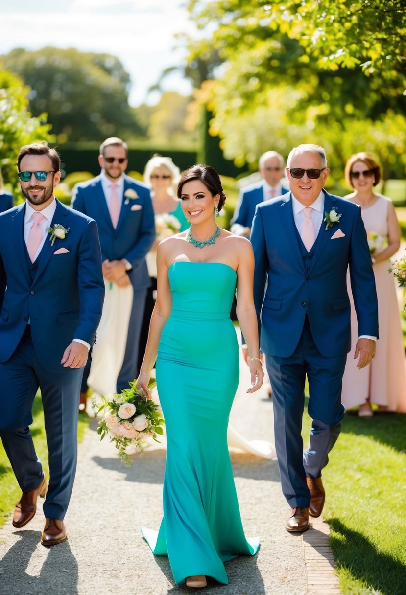 A sunny outdoor wedding with guests in elegant attire, featuring Alondra Blouson Sheath Dress in a vibrant color palette