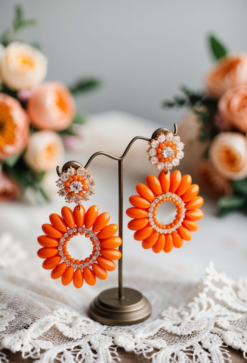 A pair of orange wedding earrings displayed on a delicate lace fabric with soft lighting and floral accents