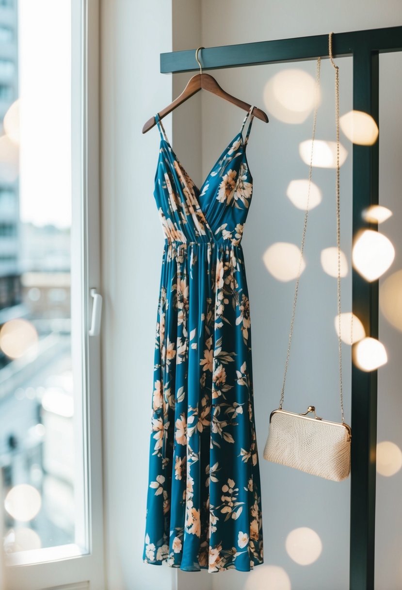 A flowing, floral-patterned dress hangs on a hanger next to a pair of strappy heels and a delicate clutch purse