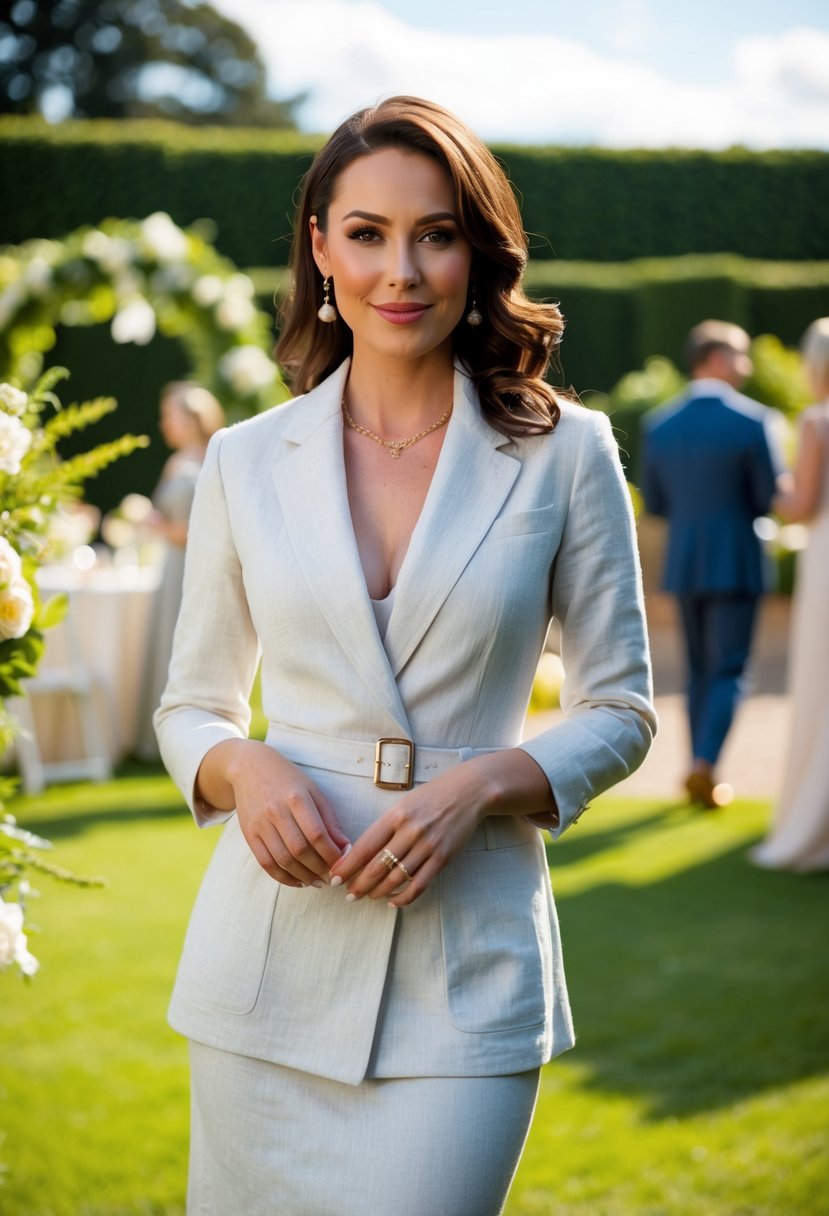 A woman in a linen blazer dress, standing in a garden with a wedding in the background