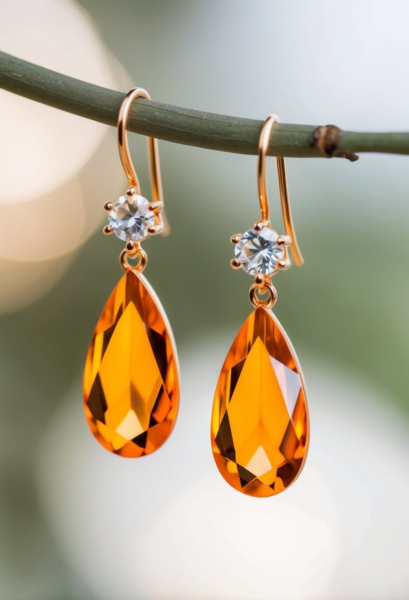 A close-up of elegant orange crystal drop earrings against a soft, blurred background, with delicate details and a sense of sophistication