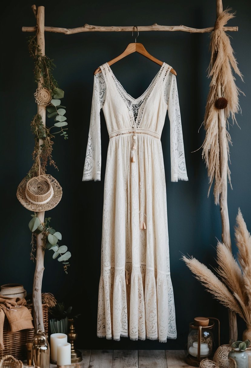 A bohemian chic lace midi dress hanging on a rustic wooden hanger, surrounded by vintage accessories and natural elements