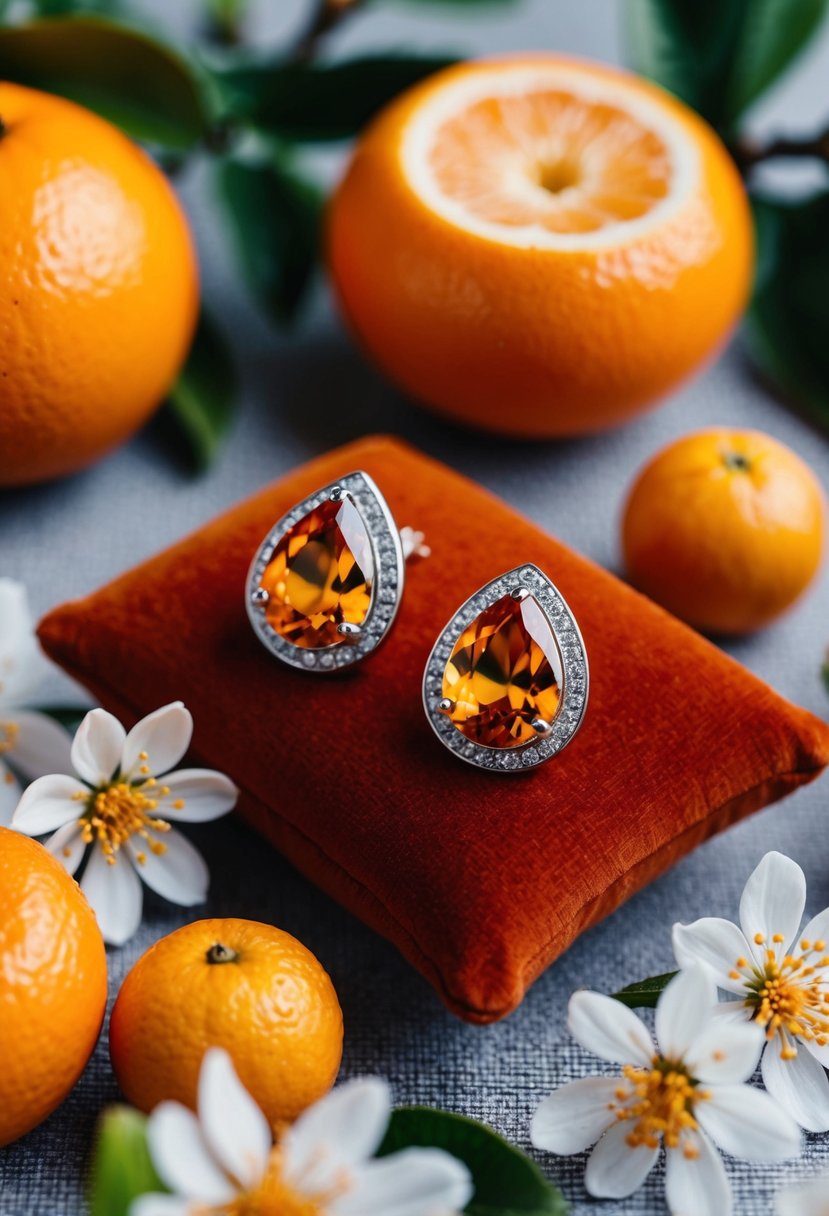 Two tangerine teardrop studs sparkle on a velvet cushion, surrounded by orange blossoms and citrus fruits