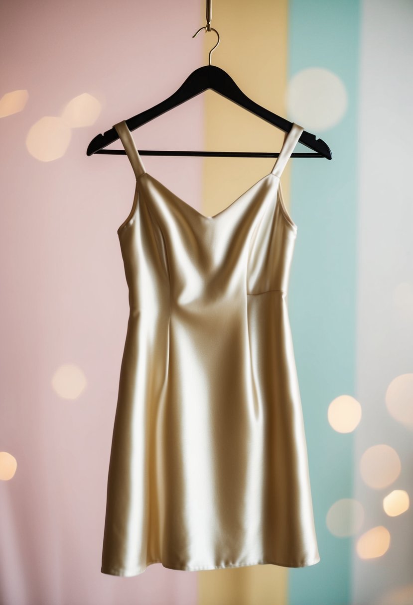 A silk slip dress in champagne color hangs on a sleek hanger against a soft, pastel backdrop