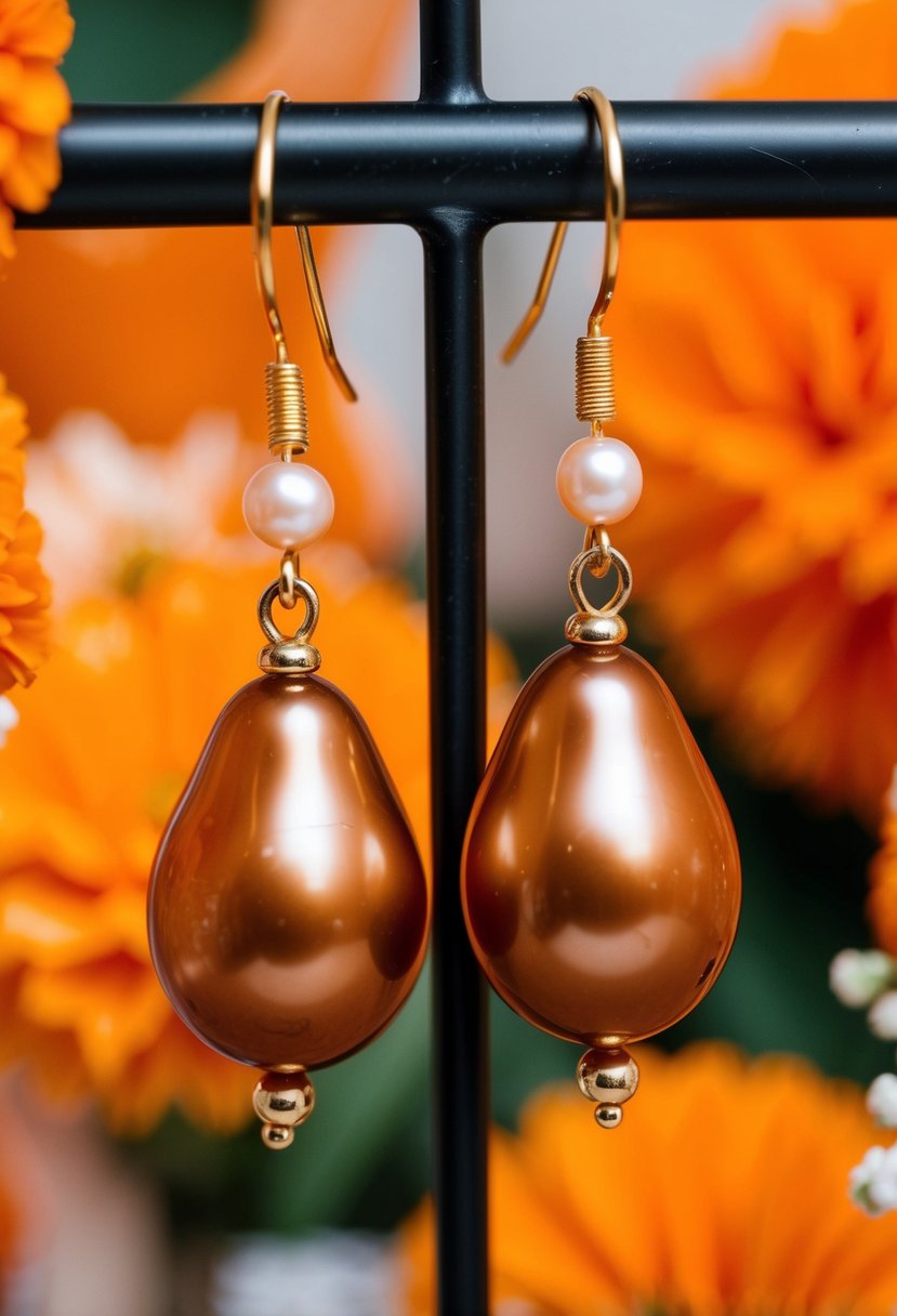 Two burnt orange pearl dangles hanging from a display, surrounded by orange wedding decor