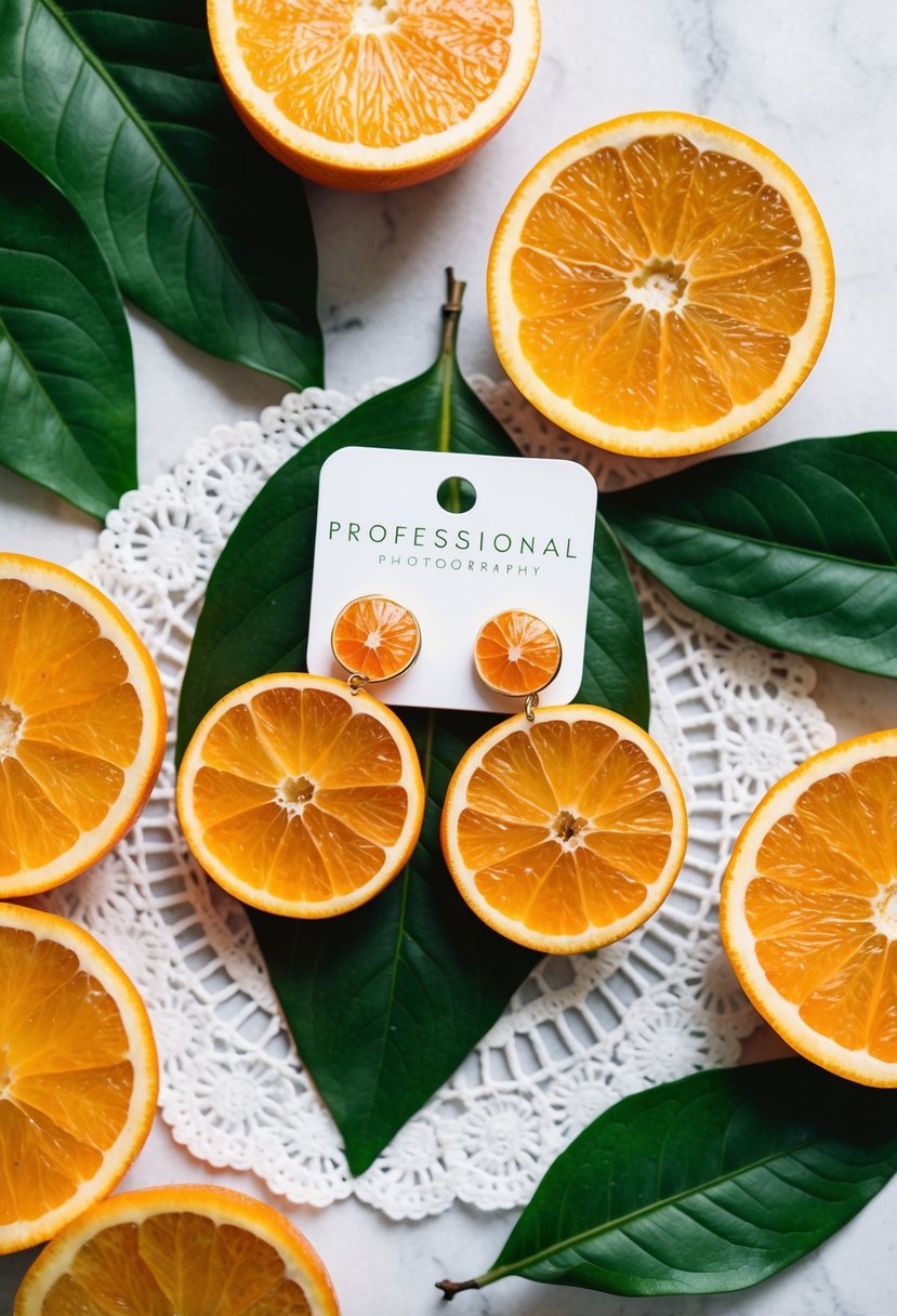 A pair of orange fruit earrings displayed on a white lace doily, surrounded by fresh orange slices and green leaves