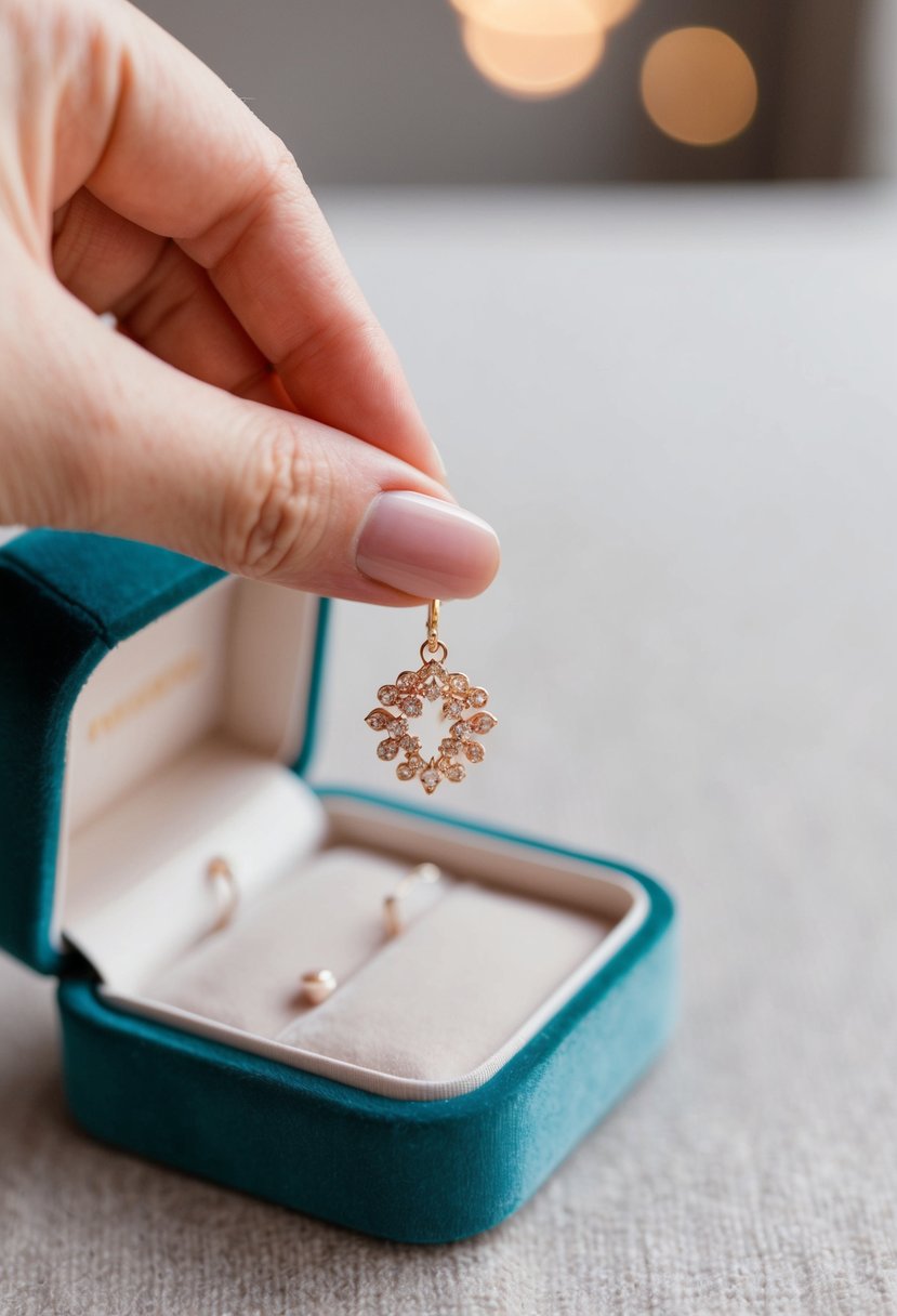 A delicate rose gold earring dangling from a velvet jewelry box