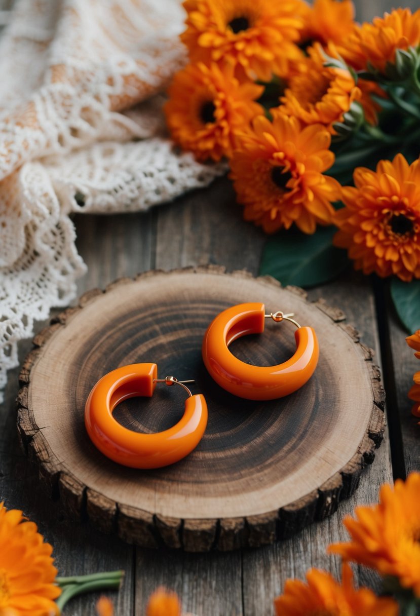 A bohemian-inspired scene with vibrant orange hoop earrings displayed on a rustic wooden table, surrounded by blooming orange flowers and delicate lace fabric