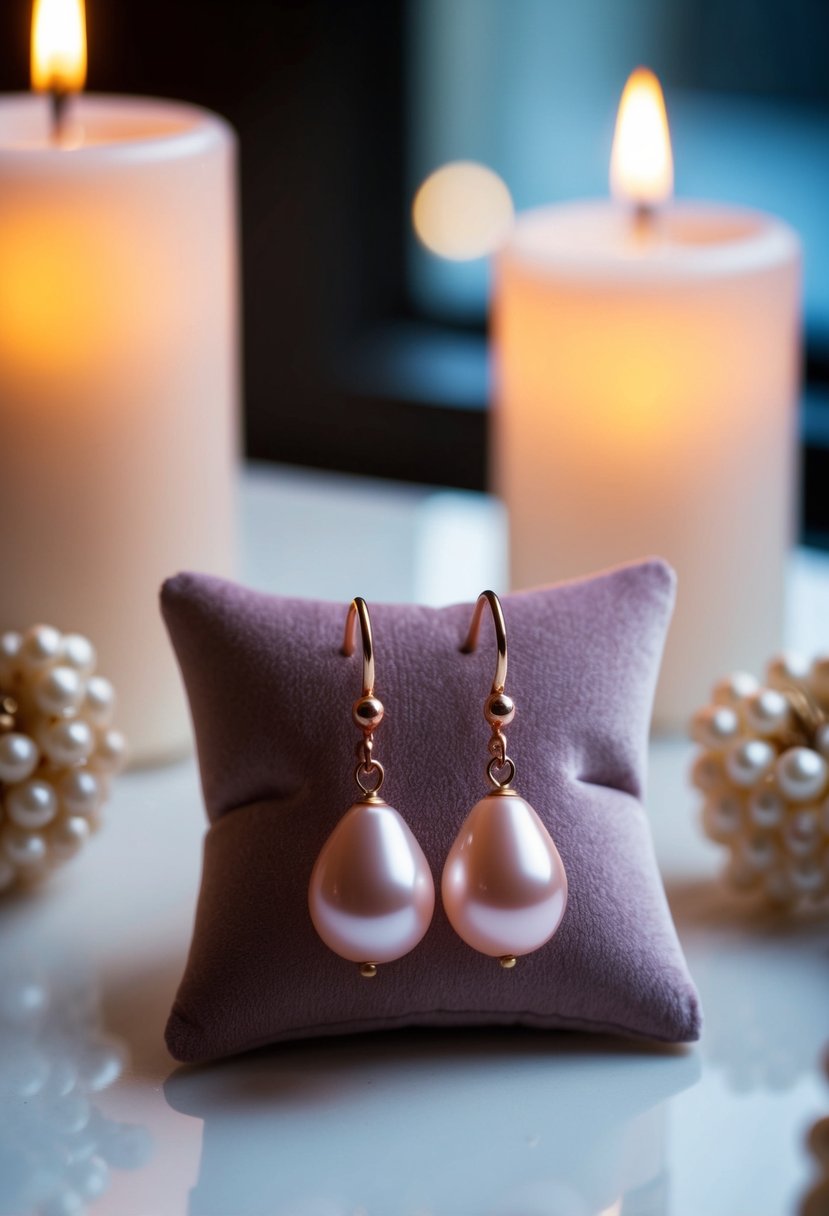 A pair of delicate rose gold pearl drop earrings displayed on a velvet cushion, surrounded by soft candlelight