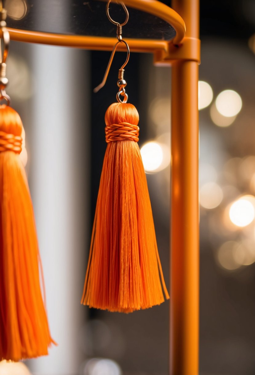 A close-up of vibrant orange tassel earrings hanging from a display, with soft lighting to highlight their intricate design and elegant appeal