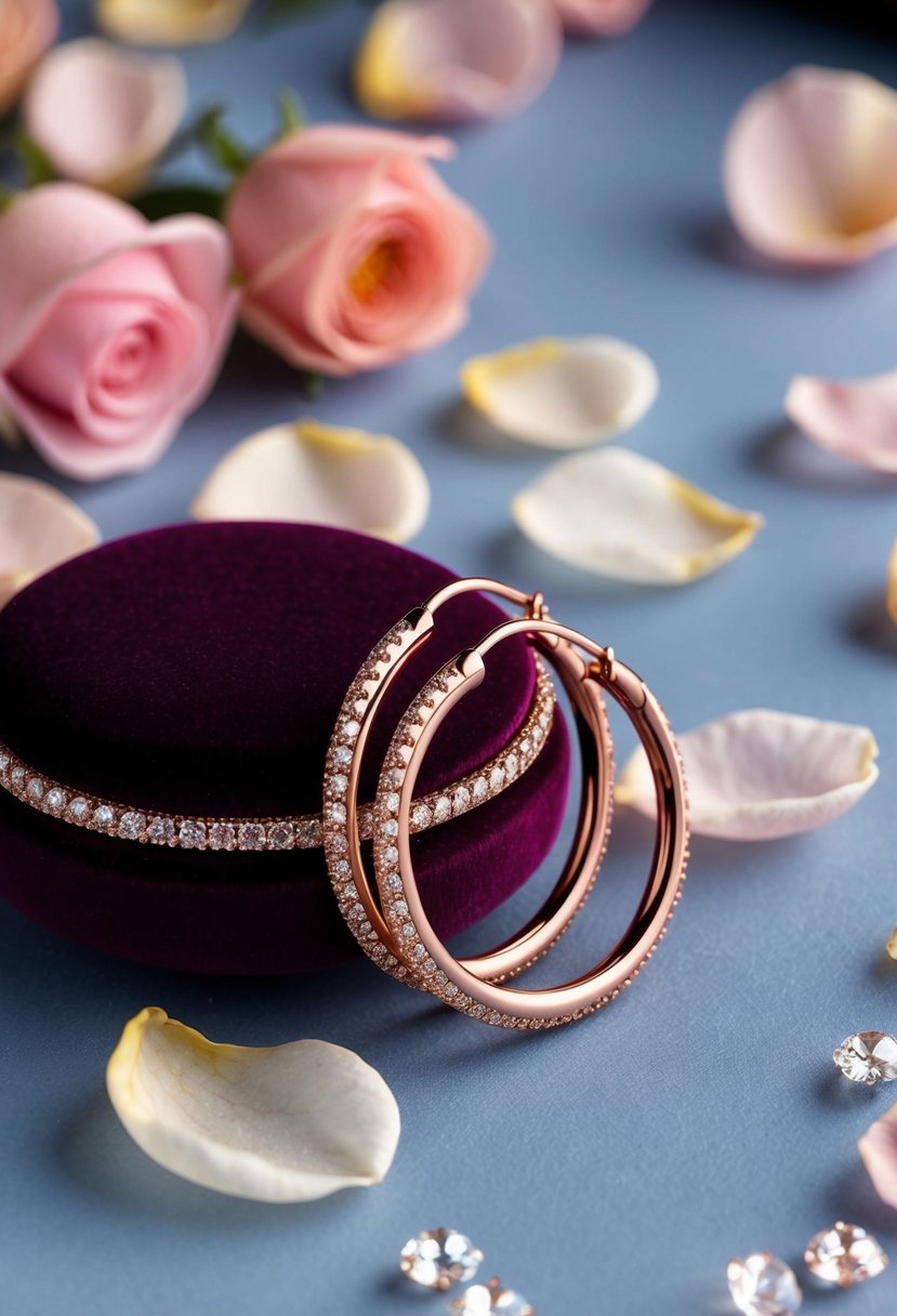 A pair of cubic zirconia rose gold hoops displayed on a velvet cushion surrounded by delicate rose petals and sparkling in the soft light