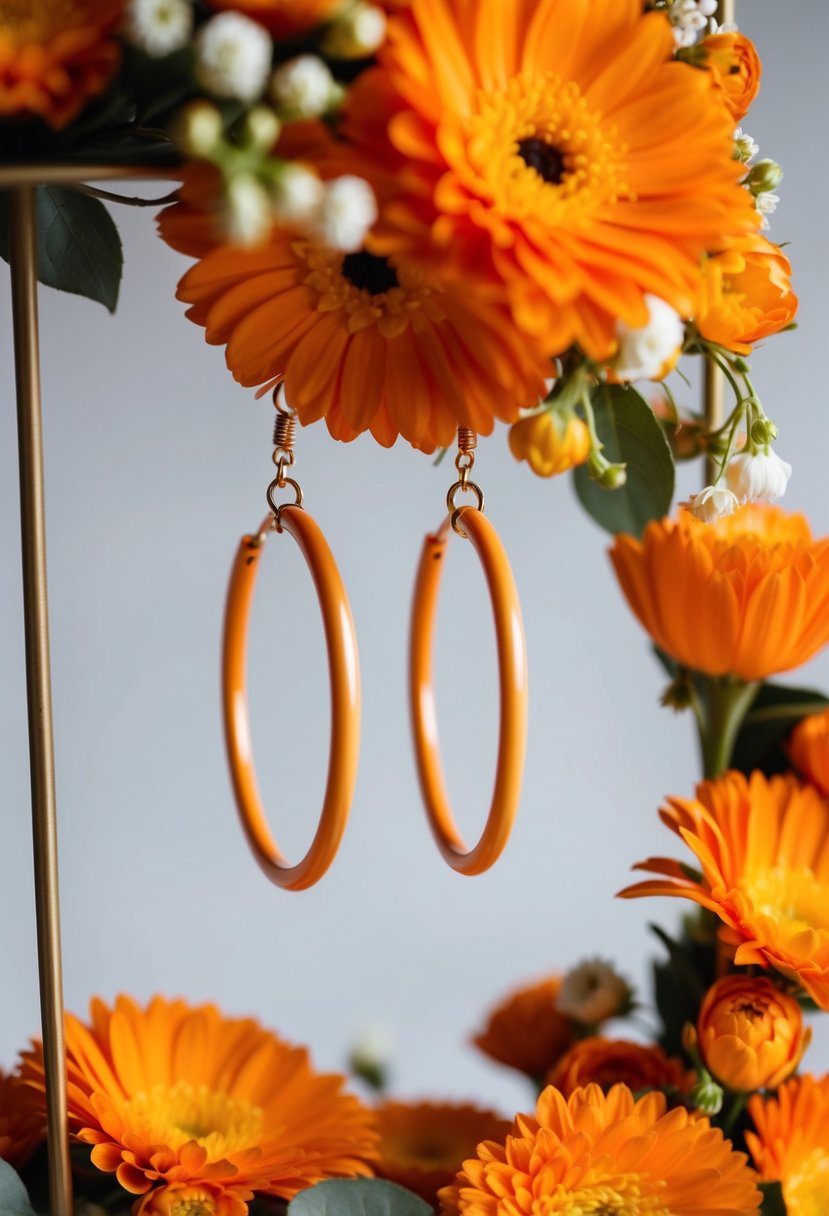 A pair of light orange huggie hoops dangle from a delicate display, surrounded by vibrant orange wedding flowers