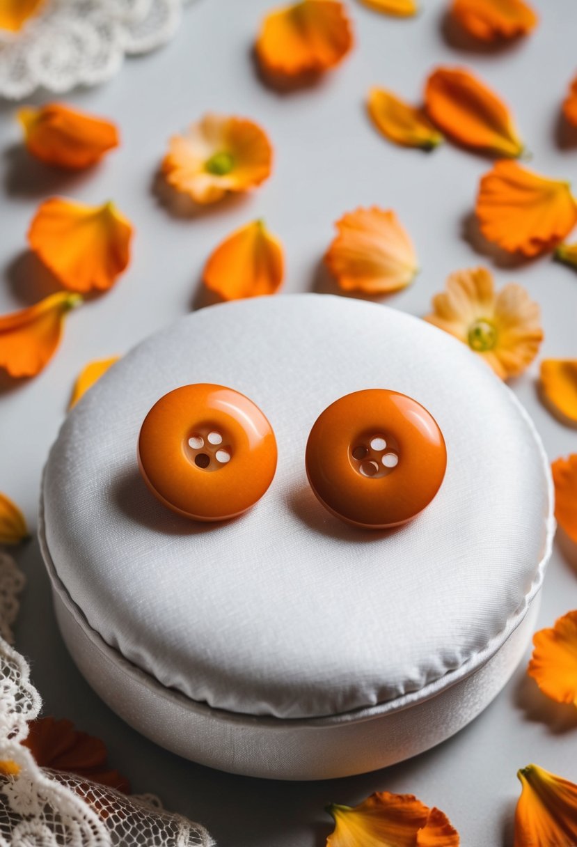 Two tangerine button studs on a white silk cushion, surrounded by scattered orange flower petals and a delicate lace veil