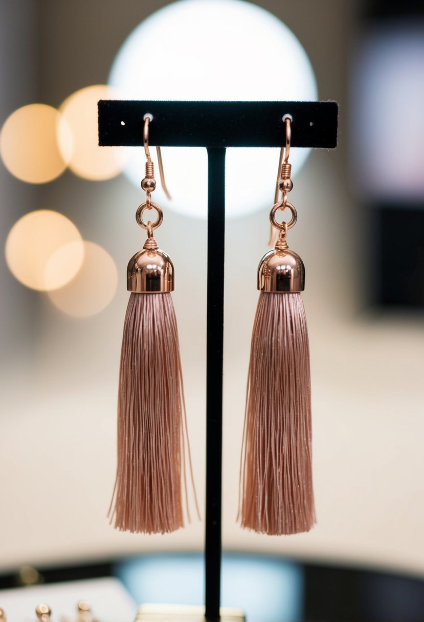 A pair of rose gold tassel earrings dangling from a display stand, catching the light with their delicate shimmer