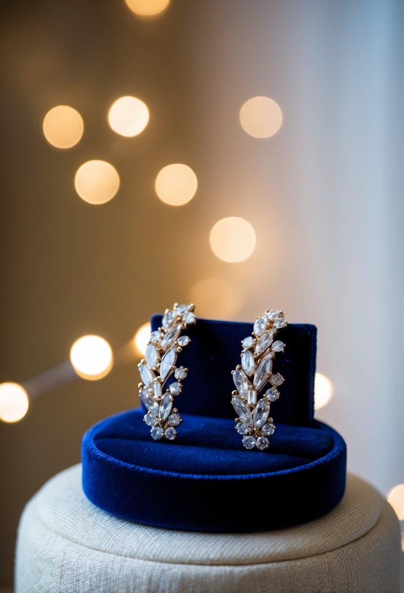 A pair of elegant, sparkling earrings displayed on a velvet cushion with soft, romantic lighting in the background