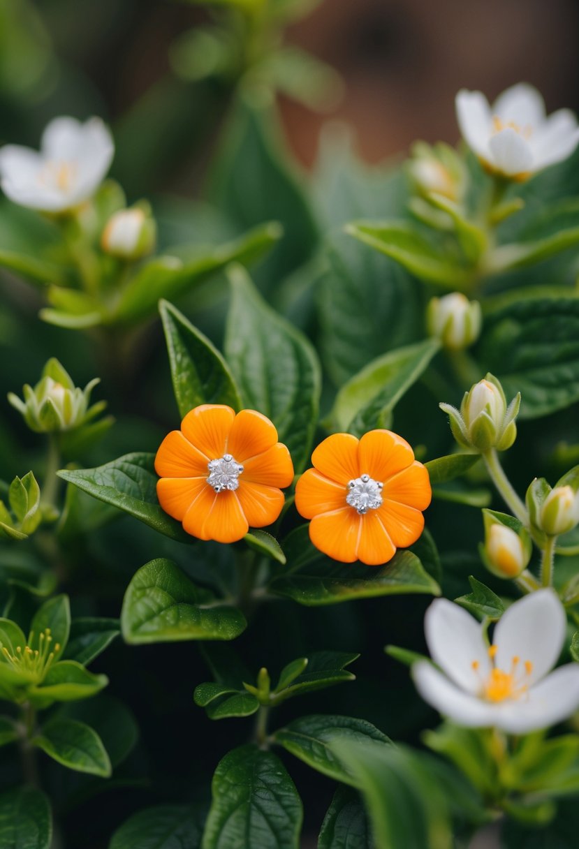 A vibrant orange floral stud earring nestled among whimsical green foliage and delicate blossoms